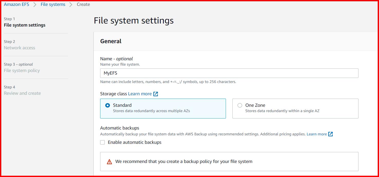 Picture showing the File system settings tab while creating EFS